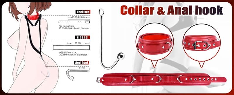 Hotsvibe BDSM Anal Hook Sex Bondage Restraint Set with Leather Chain Leash Collar Stainless Steel Anal Trainer