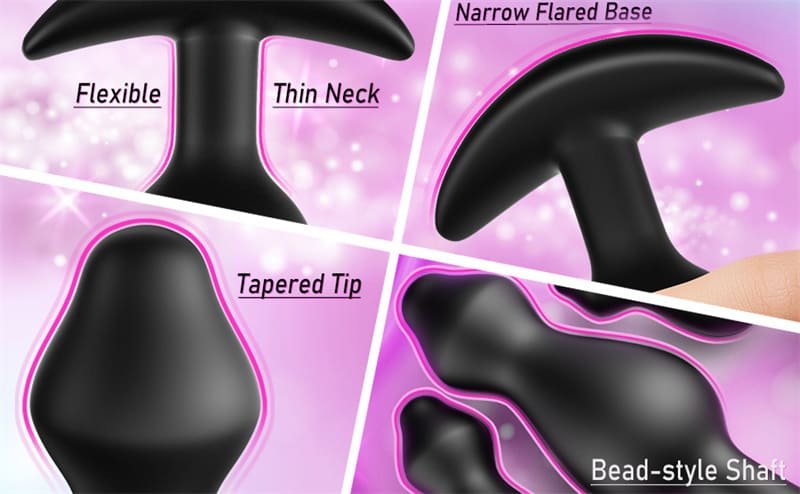 Hotsvibe Black Butt Plug Training Set Silicone Anal Beads Plug Kit with Narrow Flared Base Long Neck 11