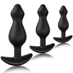 Hotsvibe Black Butt Plug Training Set Silicone Anal Beads Plug Kit with Narrow Flared Base & Long Neck