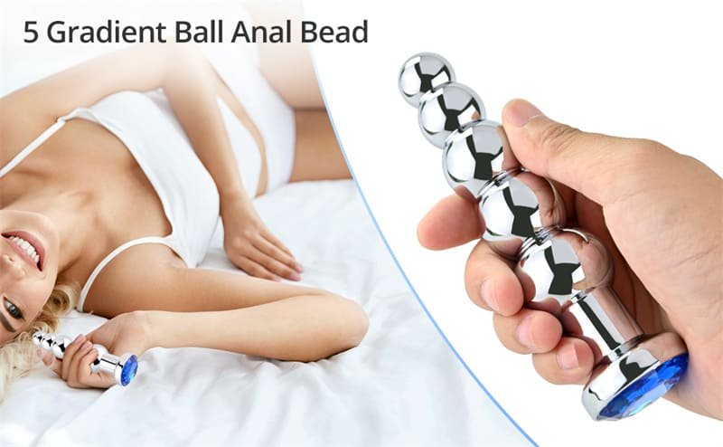 5.51 Inch Metal Anal Beads, Blue Jewelry Metal Butt Plug with 5 Graduated Balls Fetish Kinky Sex Toys