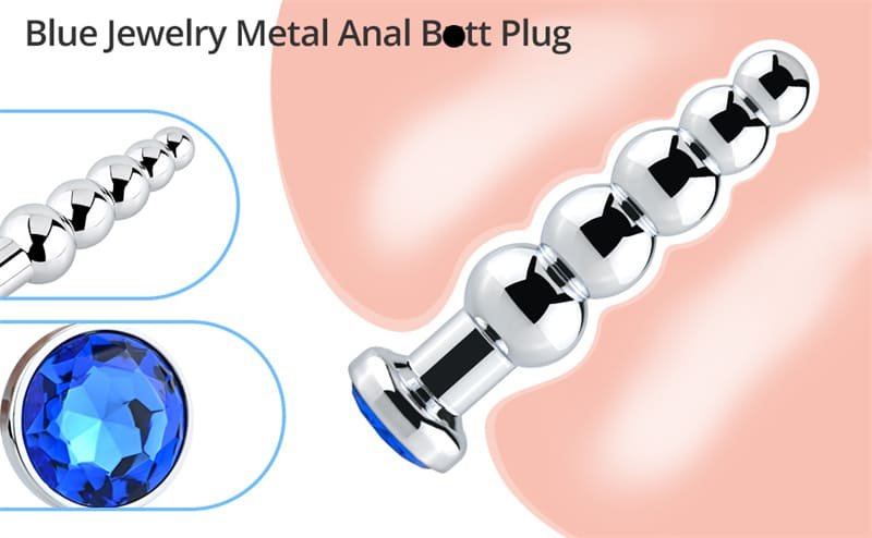 5.51 Inch Metal Anal Beads, Blue Jewelry Metal Butt Plug with 5 Graduated Balls Fetish Kinky Sex Toys