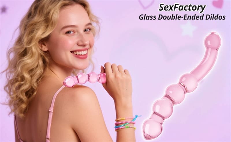 8.46 Inch Pink Glass Double-Ended Dildo with Beads Butt Plugs Crystal Glass Dildo Sex Toy for Women Lesbian