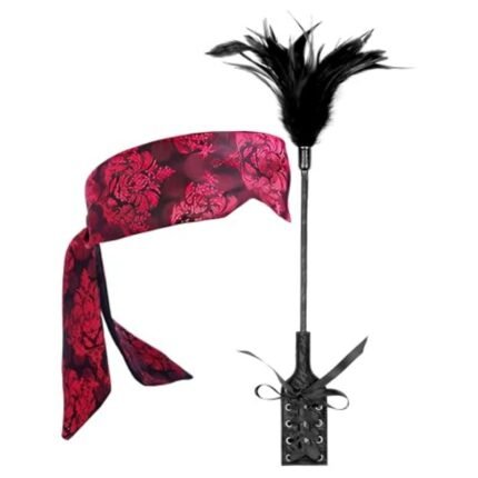 16 Inch Feather Tickler with 59 Inch Blindfold Satin Eye Mask Faux Leather Feather Ticklers Teasers Set